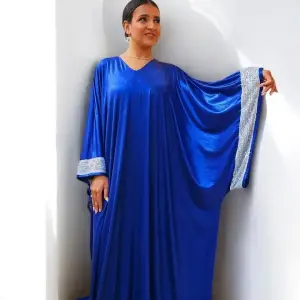 قُفطان جيرسيه ميتالك أزرق فري سايز | Blue Metallic Jersey Kaftan Free Size